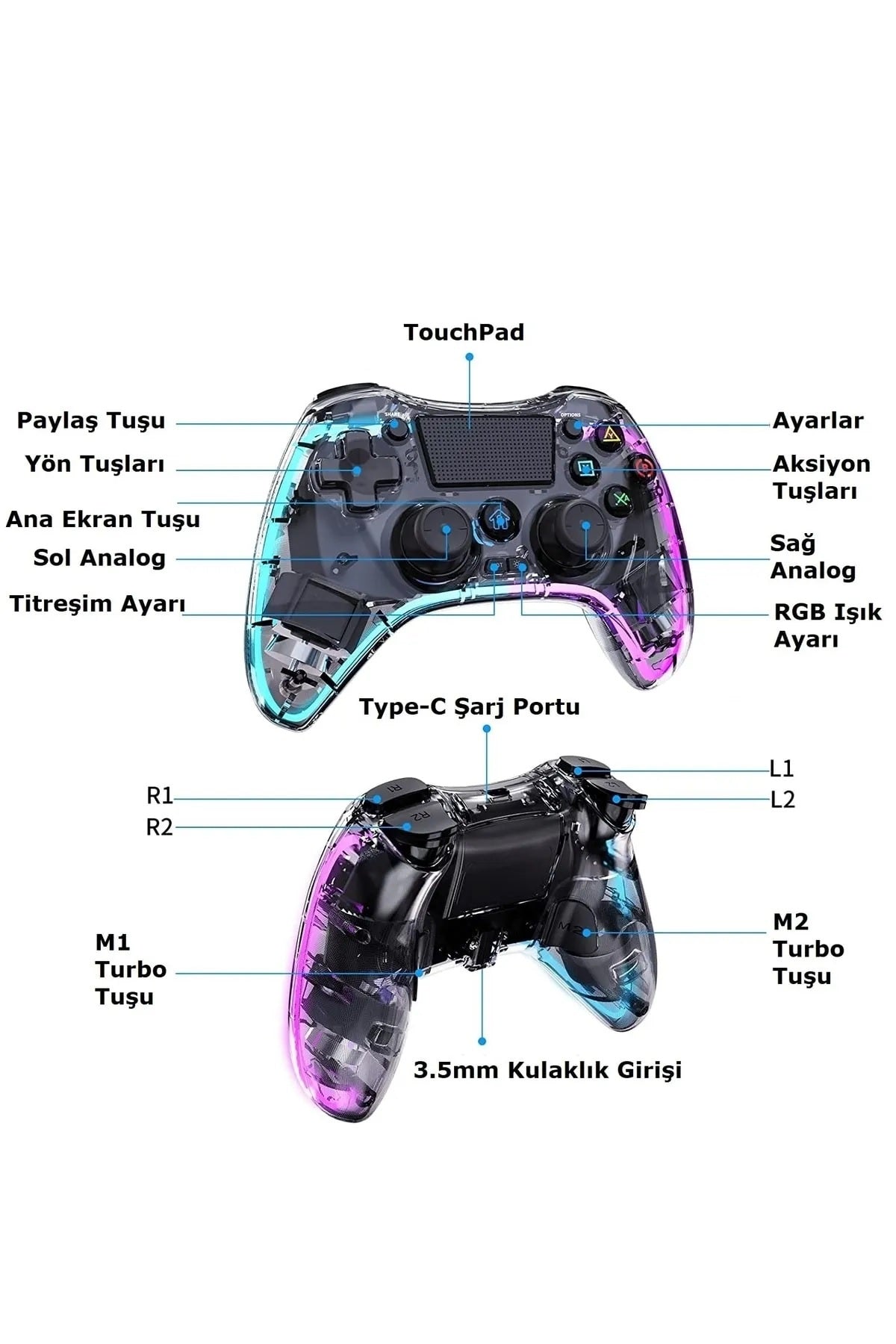 Playstation 4 Rgb Led Işıklı Kablosuz Joystick Gamepad Oyun Kolu