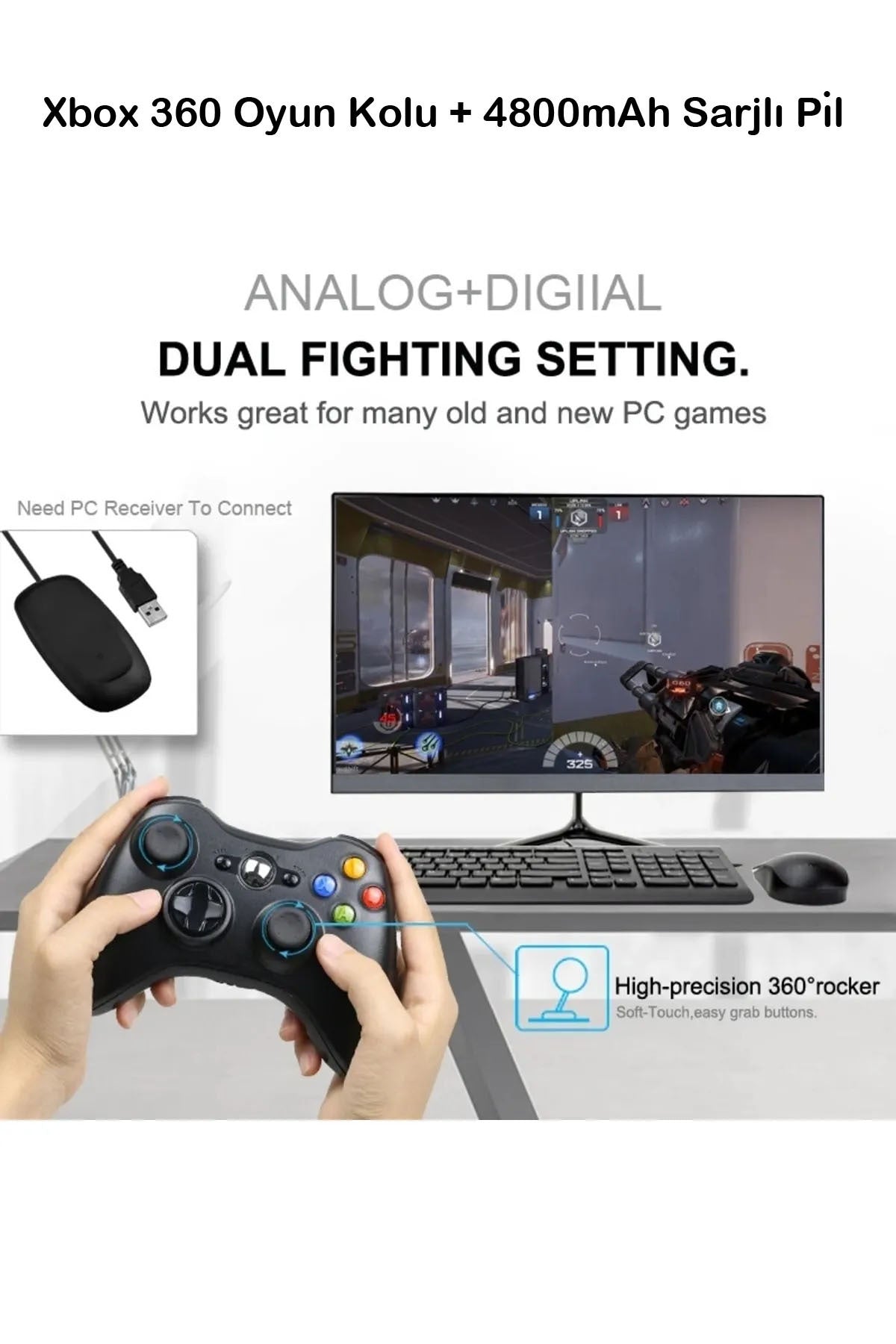 Xbox 360 Pc Uyumlu Kablosuz Analog Oyun Kolu Ve 4800mah Batarya Seti Siyah