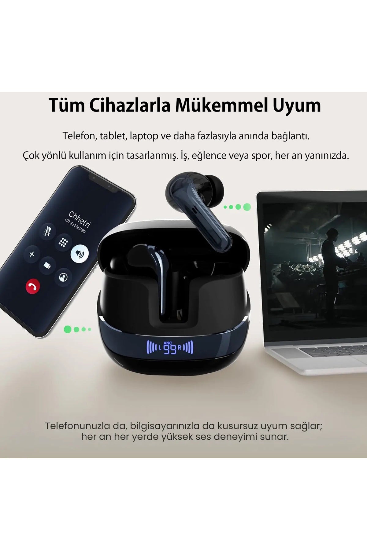 Dijital LED Ekranlı ANC/ENC Çift Gürültü Engellemeli Bluetooth 5.4 Kulak İçi Kulaklık - BTWX