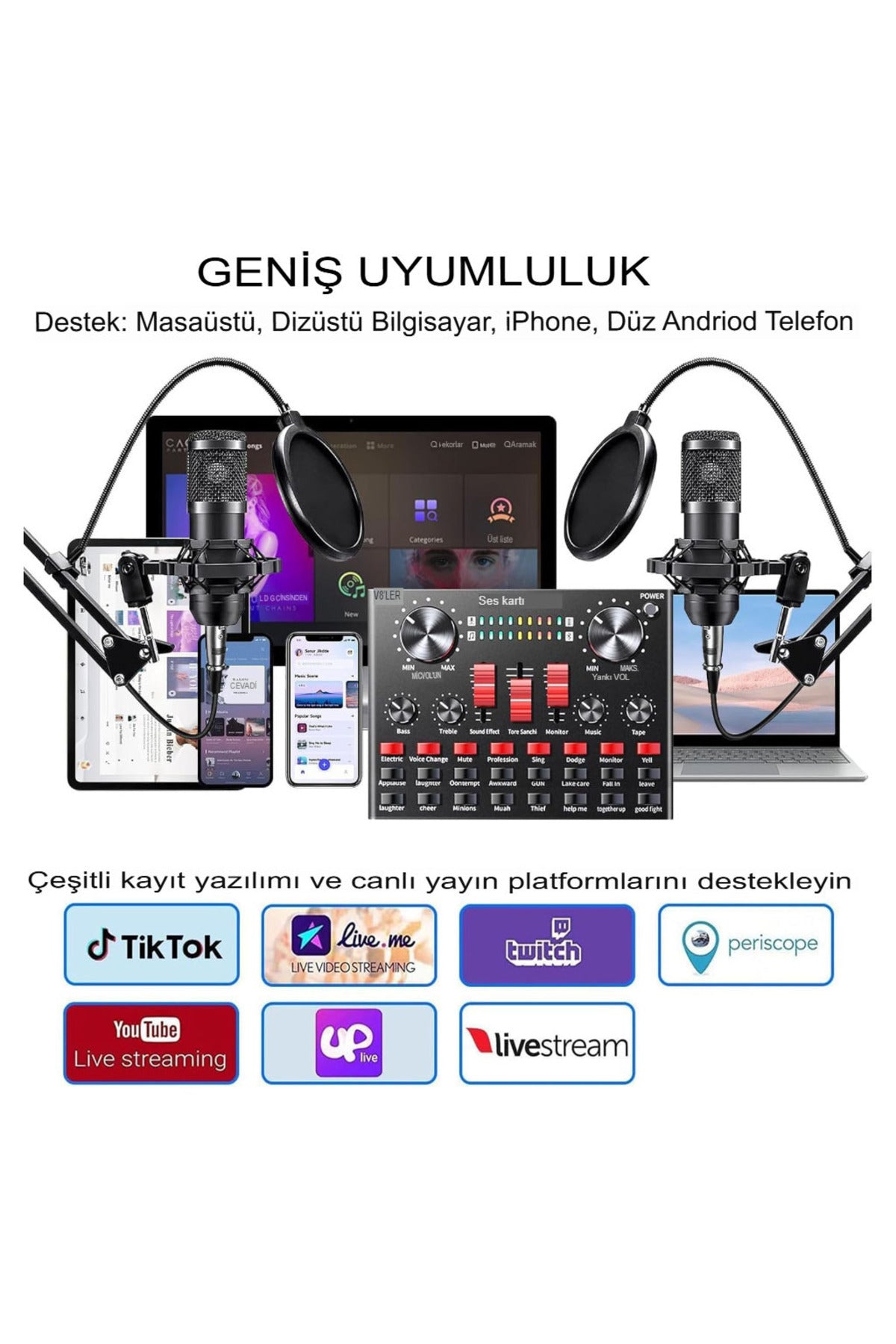 BM800 Mikrofon ve V8S Ses Kartlı Podcast Ekipman,Kayıt,Yayın,Canlı Yayın için Podcast Mikrofon