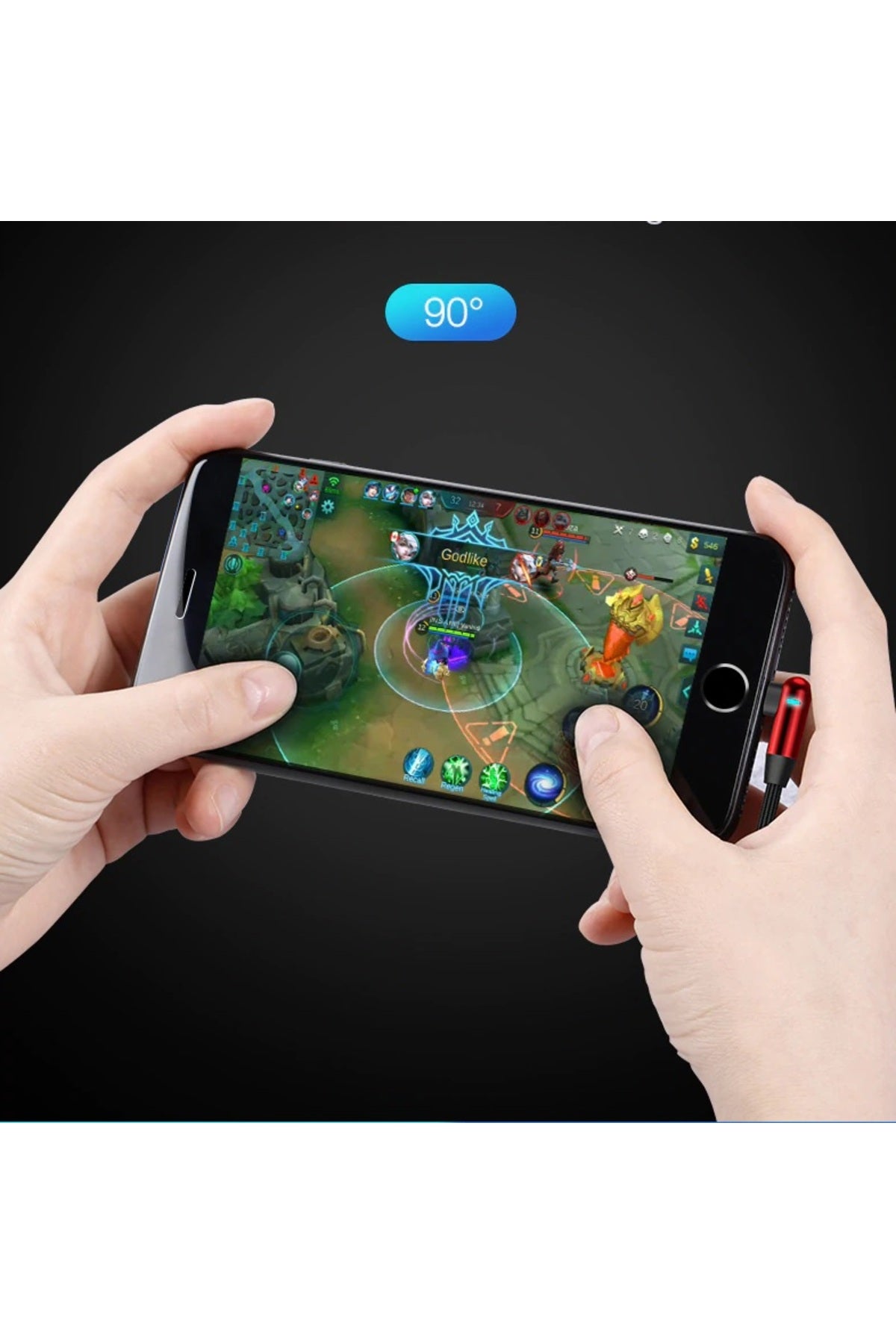Apple Uyumlu iPhone Lightning 90 Derece Led Işık Gamer Şarj Ve Data Kablo