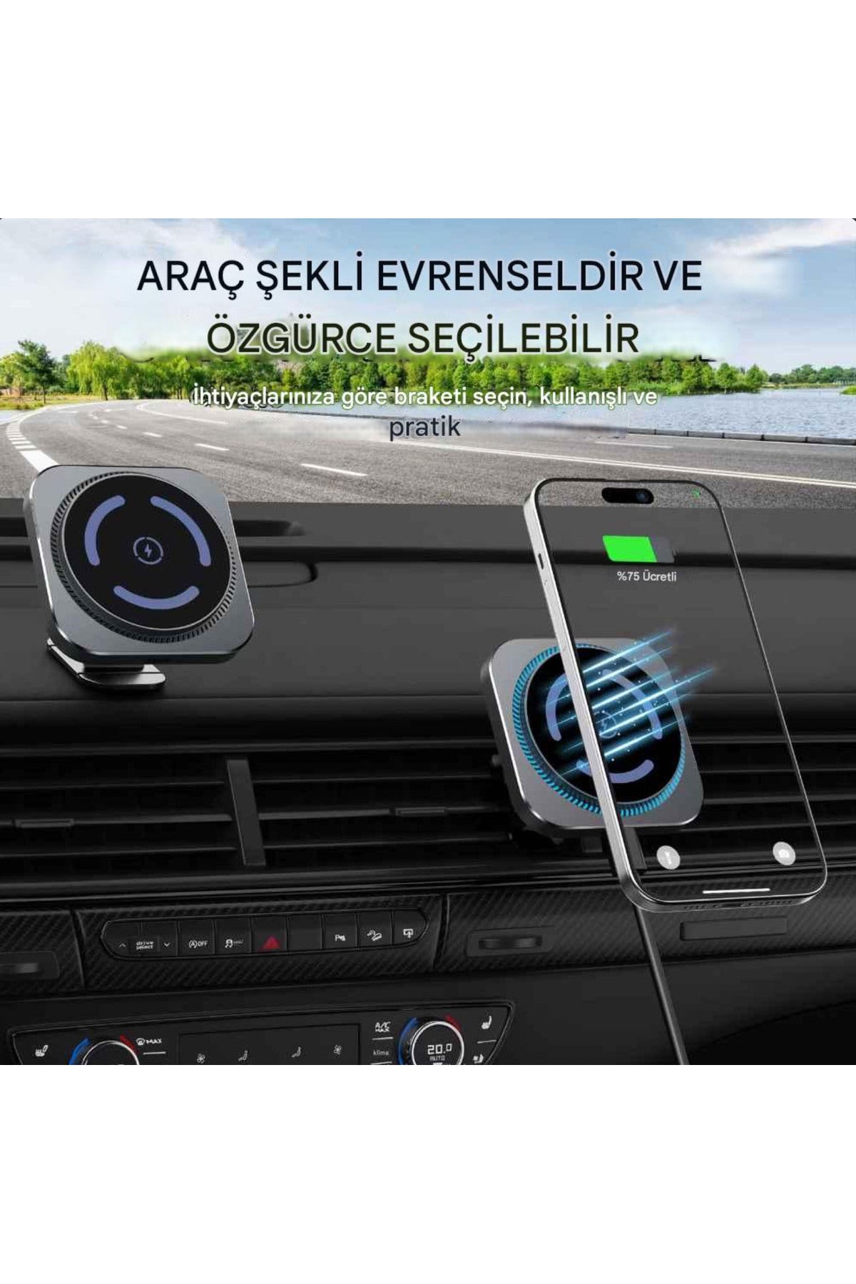 Magsafe Güçlü Manyetik 15w Hızlı Şarj Led Işıklı Araç Telefon Tutucu