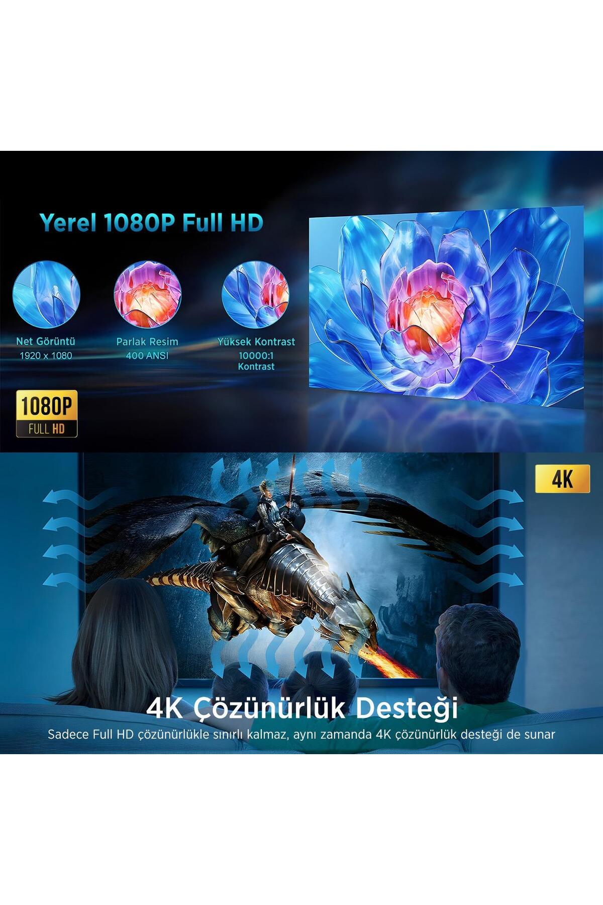 Vega III Android Projeksiyon Cihaz Full HD 1920×1080 4K Desteği 400 ANSI Lümen Wifi Bluetooth Uyumlu