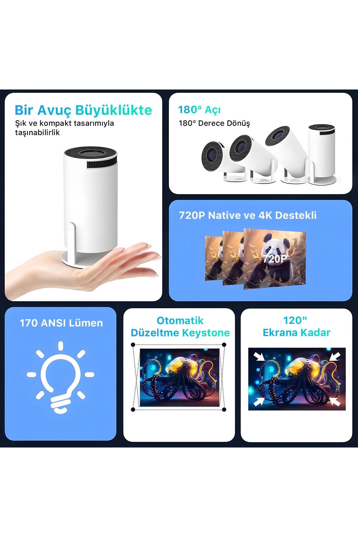 İbix Vega Android Projeksiyon Cihazı Hd 1280×720 4k Desteği 170 Ansı Lümen Wifi Bluetooth Uyumlu