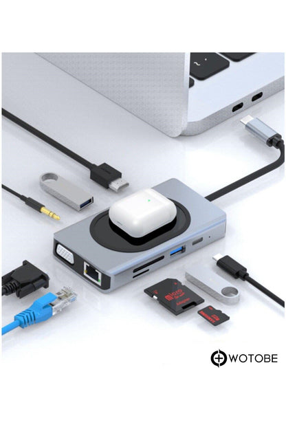 9 Portlu Kablosuz Şarjlı Usb-c Hdtv Hdmı Pd Sd Tf Rj45 Vga Dönüştürücü Adaptör HDMI