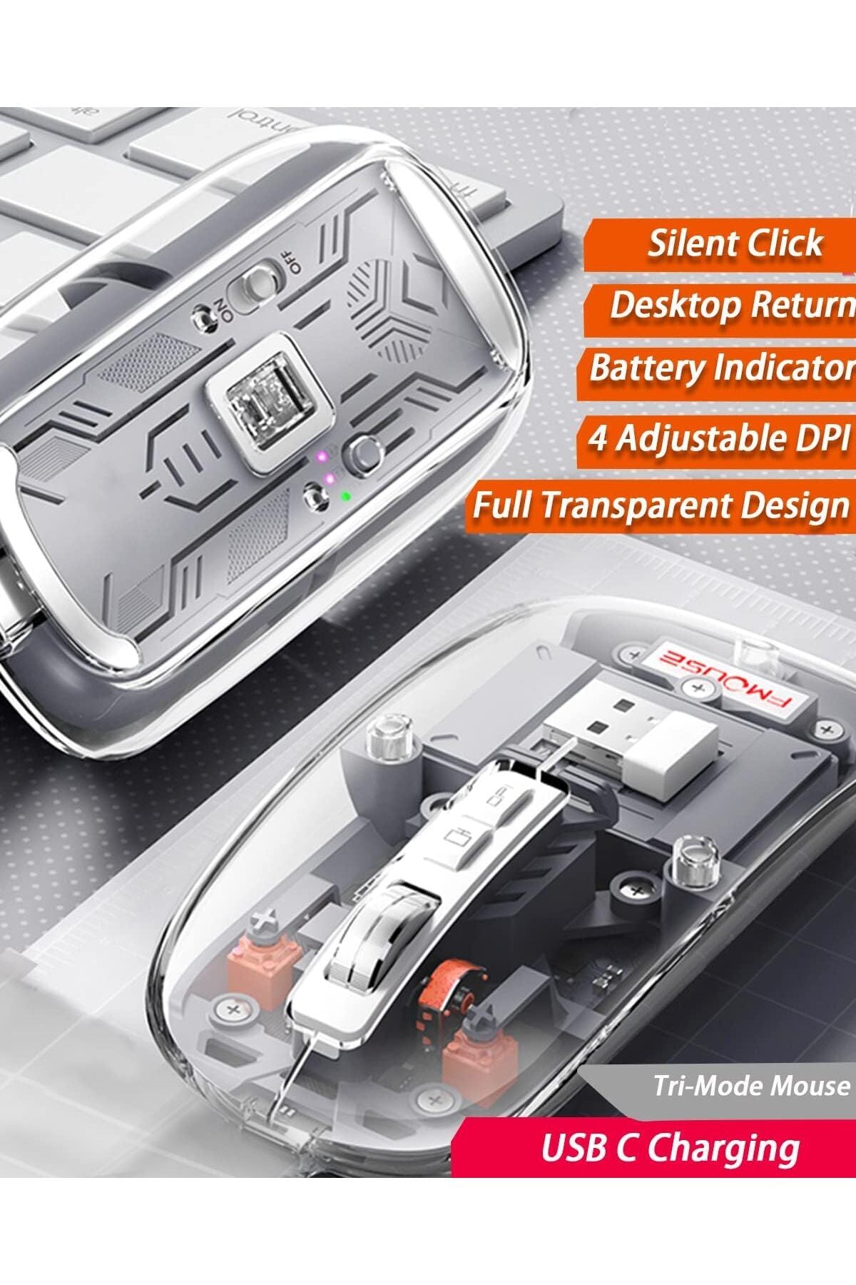FMOUSE M133 Şeffaf Kablosuz Bluetooth Mouse Üç Modlu Sessiz Şarj Edilebilir