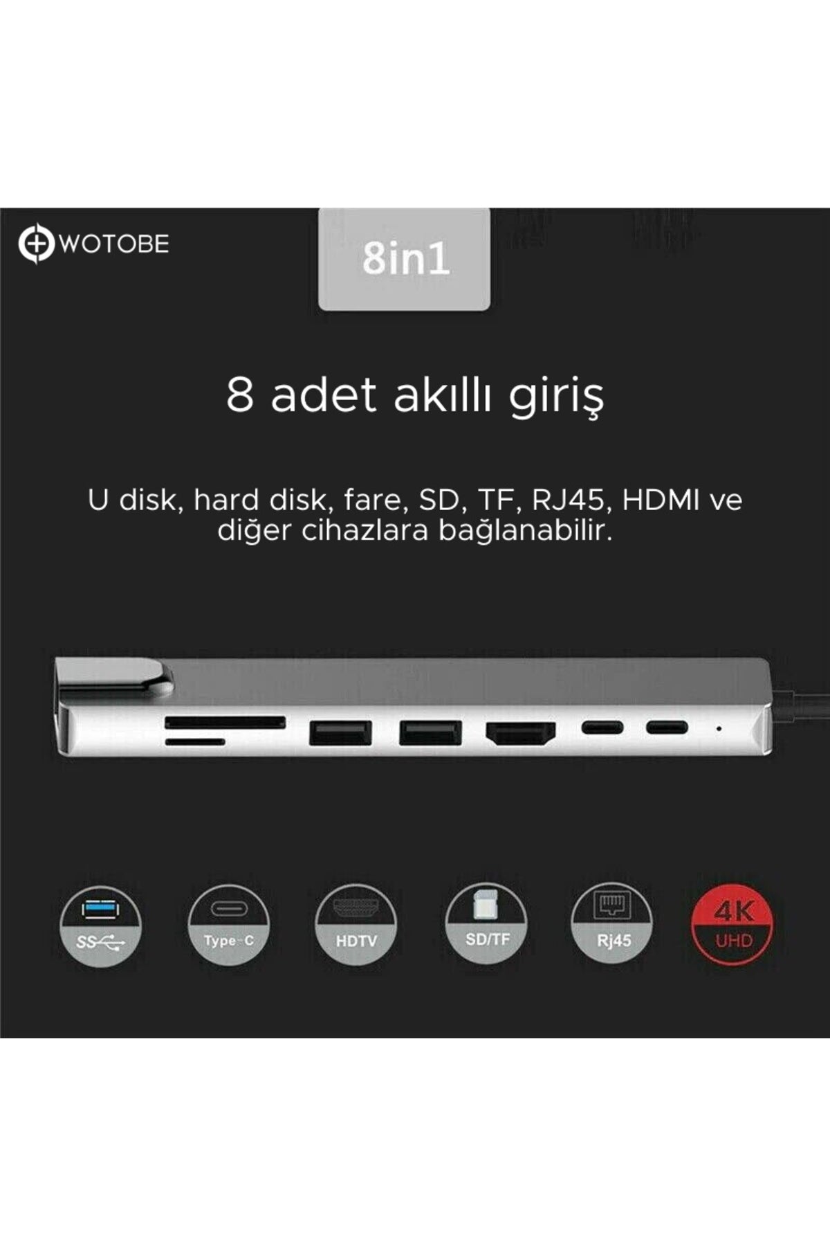 8'i 1 Arada 4k 60hz Usb Type C Sd Tf Hdtv Rj45 Dönüştürücü Hub HDMI