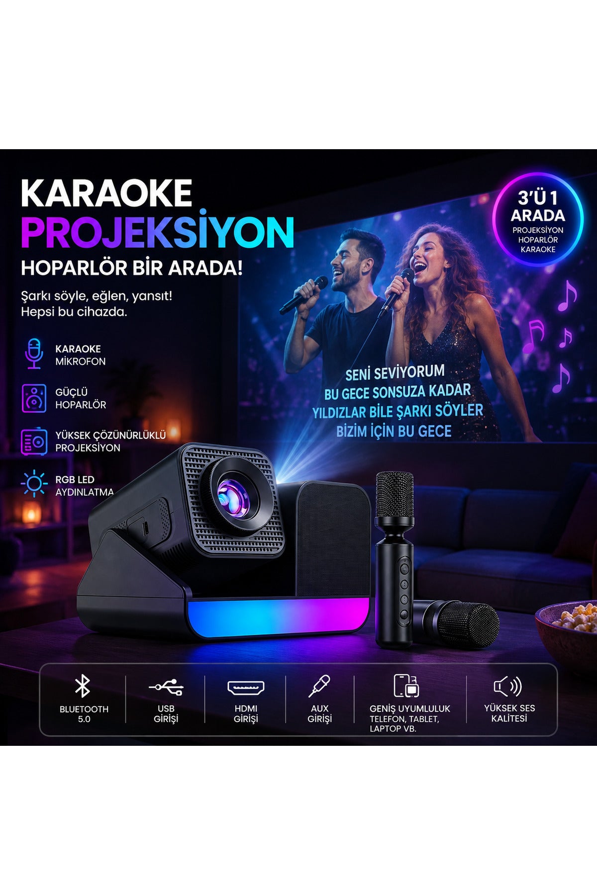 HP-SP01 Edition Projeksiyon Speaker Mikrofon 3in1 Taşınabilir Android 11 Akıllı Sinema 1GBRam 8GBRom