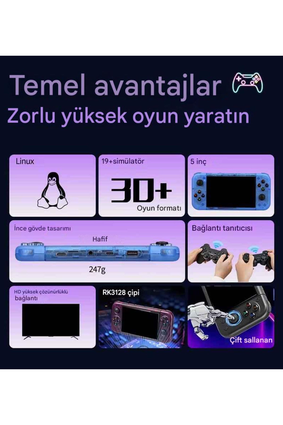 RG50XX Retro Oyun Konsolu,5 İnç HD IPS Ekran,Çift Joystick,64GB Kart,Linux Sistem,HD TV Out Konsol