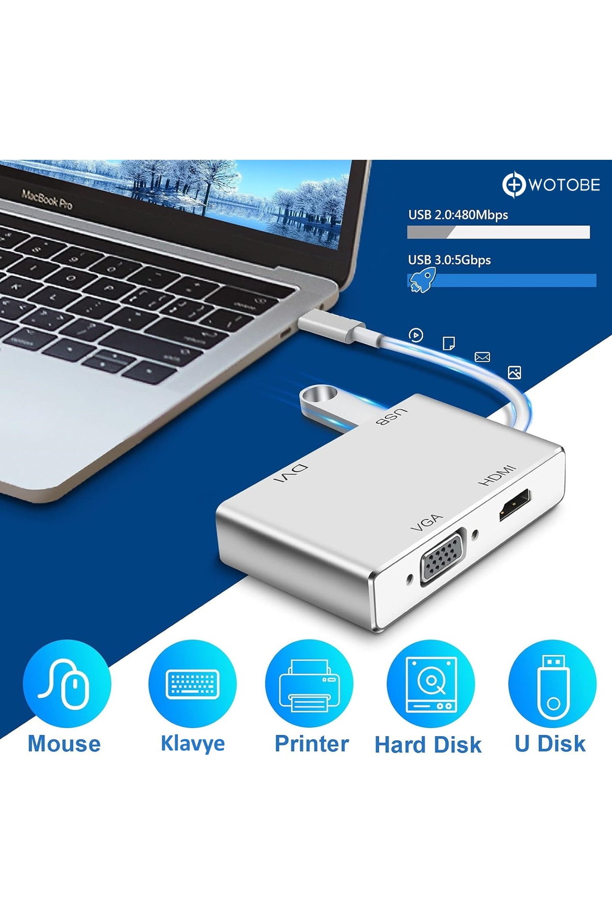 4'ü 1 Arada Apple Uyumlu MacBook Pc Projektör Hdtv Usb-c Usb Vga Dvı Hdmı Dönüştürücü Adaptör HDMI