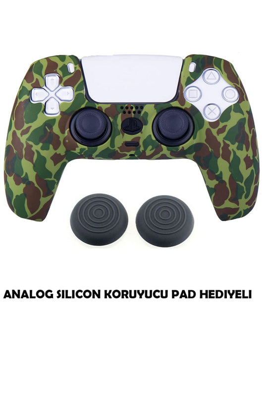 Ps5 Dualsense Uyumlu Kamuflaj Desenli Koruyucu Silikon Kılıf + Analog Silikon Koruyucu Haki Kamuflaj