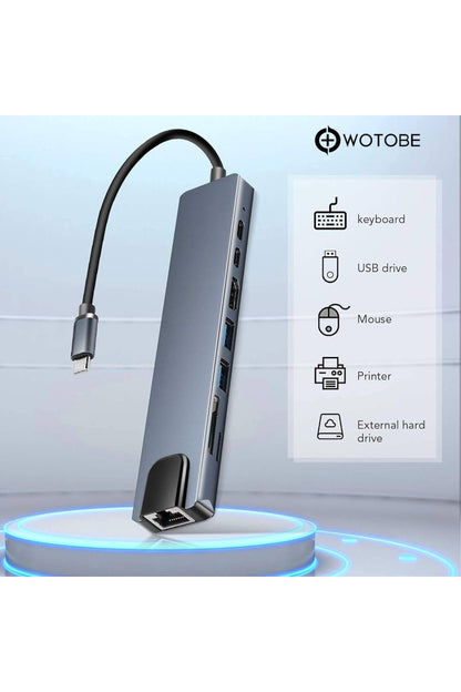 8'i 1 Arada 4k 60hz Usb Type C Sd Tf Hdtv Rj45 Dönüştürücü Hub HDMI