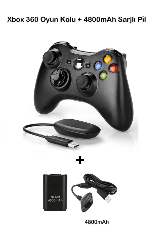 Xbox 360 Pc Uyumlu Kablosuz Analog Oyun Kolu Ve 4800mah Batarya Seti Siyah
