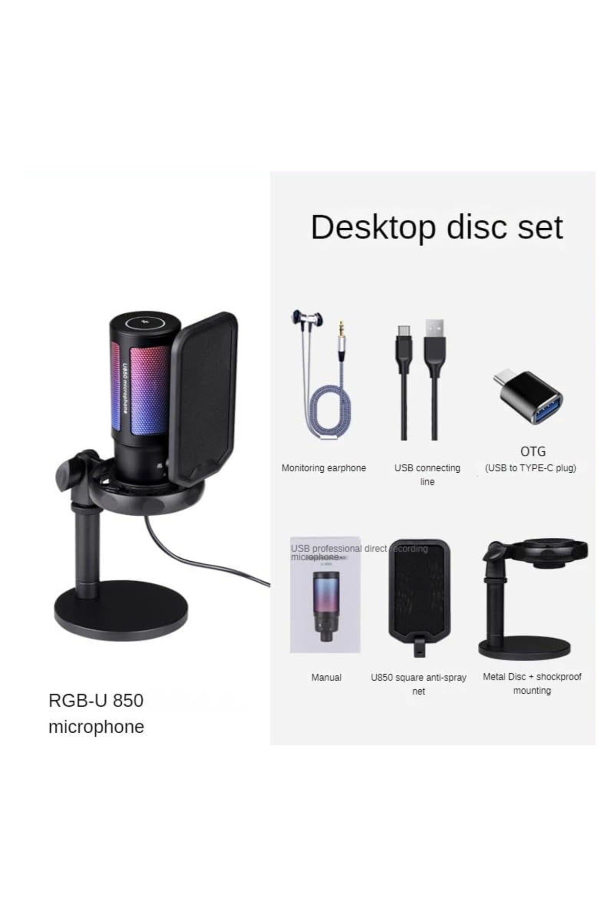 U850 Kayıt Condenser Pop Filtre Kardioid Mikrofon + Tripod