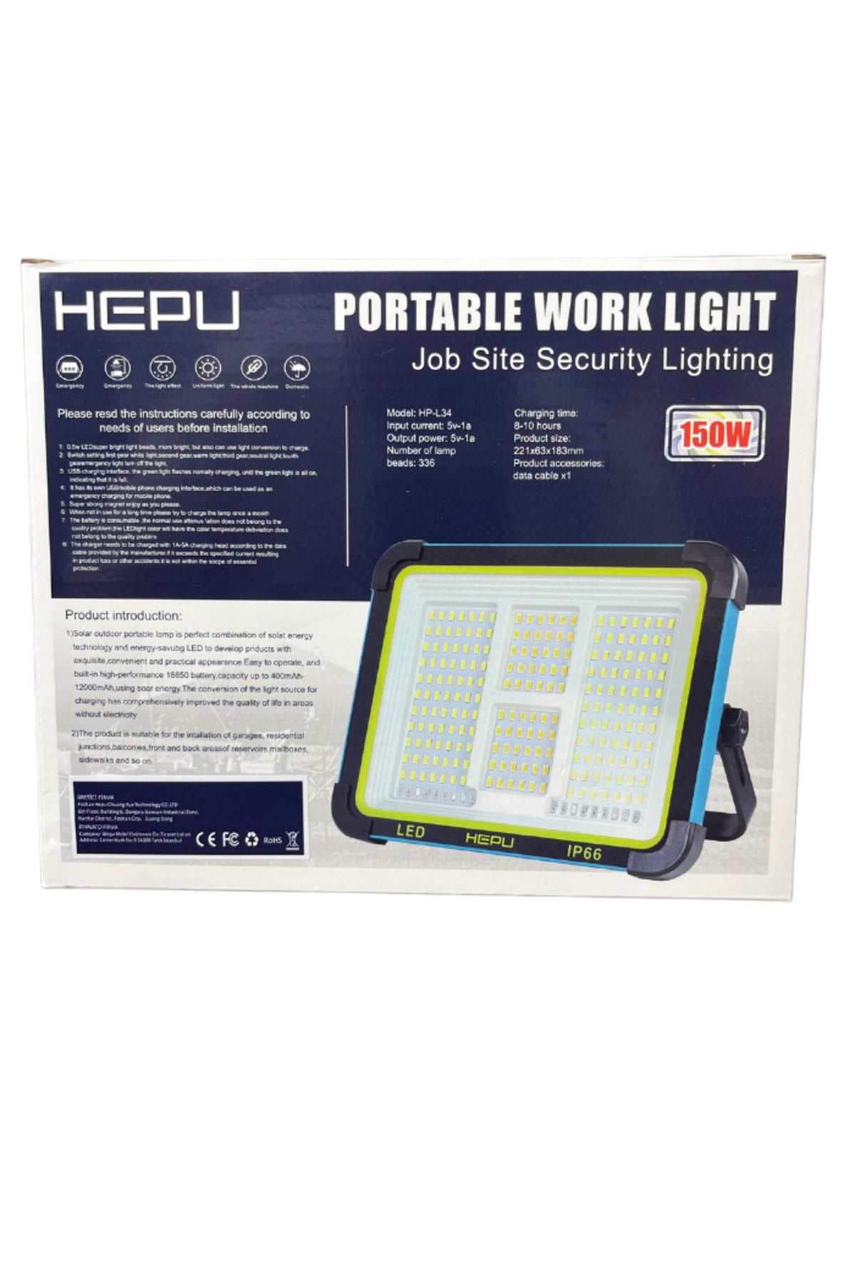 Güneş Enerjili Taşınabilir LED – 150W Güç, 336 LED, IP66, Solar + USB Şarjlı, Mıknatıslı Taban
