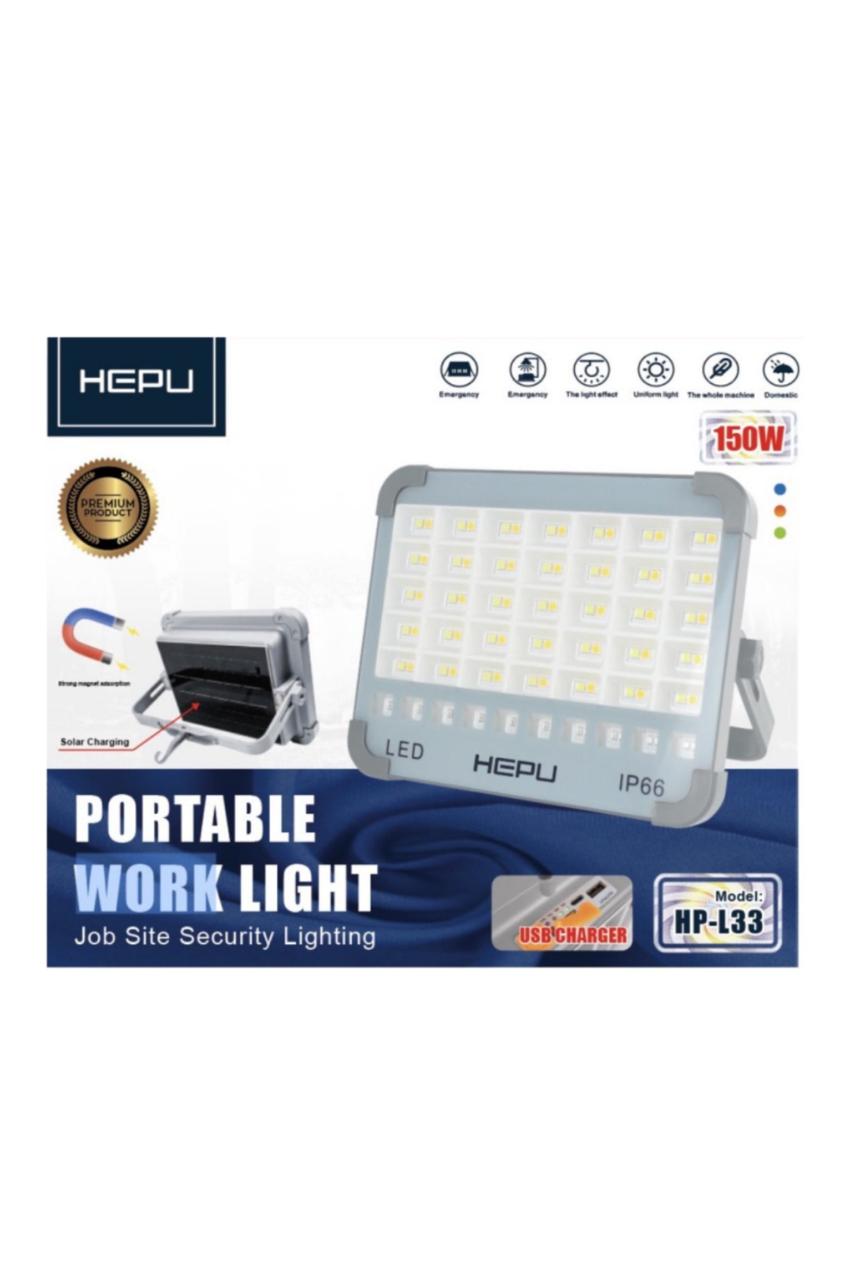 HP-L33 150W Solar Şarjlı Taşınabilir LED | IP66 Su Geçirmez | USB Şarj Girişli Manyetik