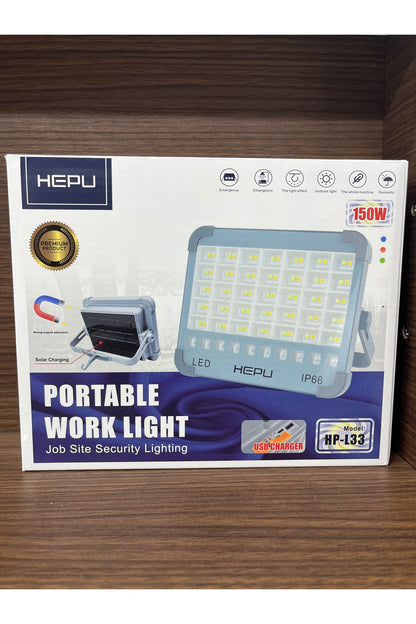 HP-L33 150W Solar Şarjlı Taşınabilir LED | IP66 Su Geçirmez | USB Şarj Girişli Manyetik