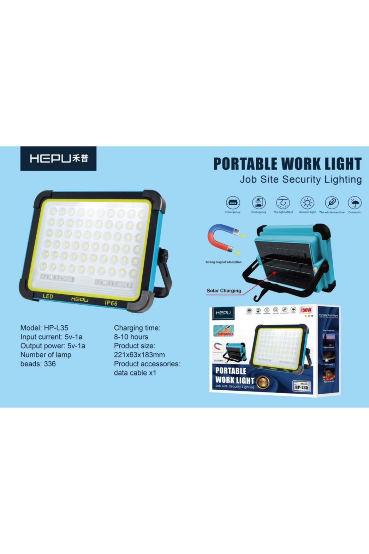 HP-L35 150W Solar Şarjlı Taşınabilir LED Çalışma Lambası |336 LED | IP66 Su Geçirmez | USB Şarj