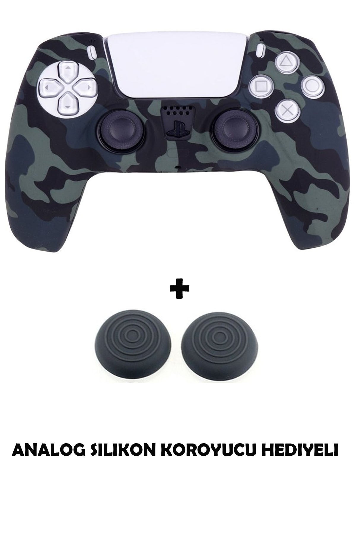 Ps5 Dualsense Uyumlu Kamuflaj Desenli Koruyucu Silikon Kılıf + Analog Silikon Koruyucu Siyah Kamuflaj