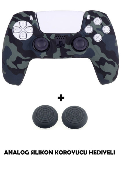 Ps5 Dualsense Uyumlu Kamuflaj Desenli Koruyucu Silikon Kılıf + Analog Silikon Koruyucu Siyah Kamuflaj