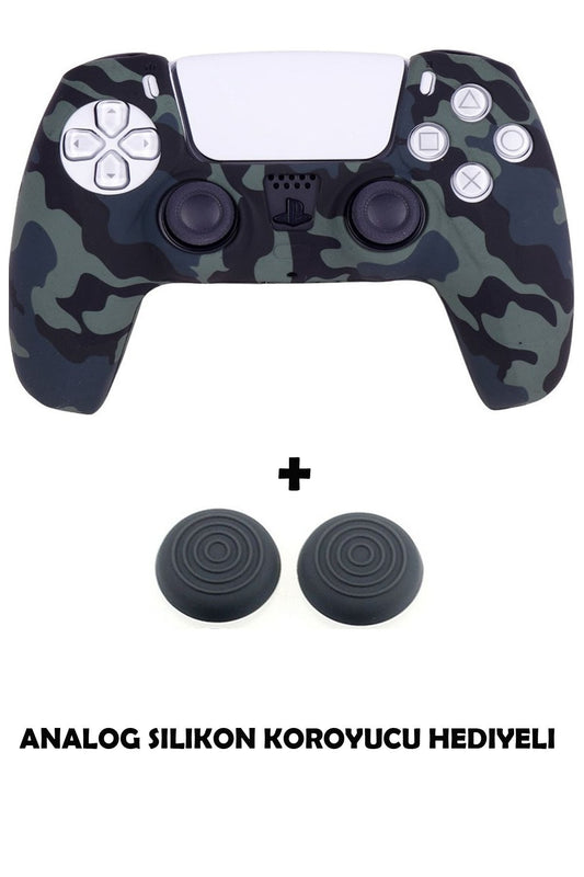 Ps5 Dualsense Uyumlu Kamuflaj Desenli Koruyucu Silikon Kılıf + Analog Silikon Koruyucu Siyah Kamuflaj