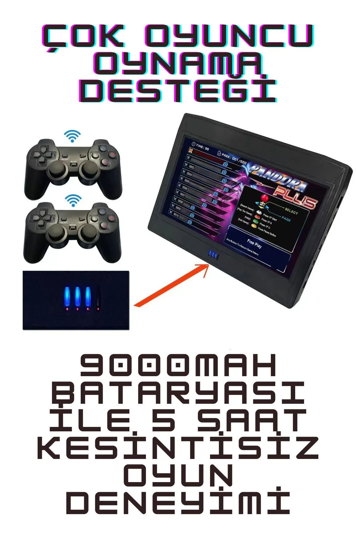 Pandora 10inç Hd Lcd Ekranlı 20000 Oyunlu Kablosuz Çift Kol Retro Arcade Şarjlı Oyun Konsolu Siyah