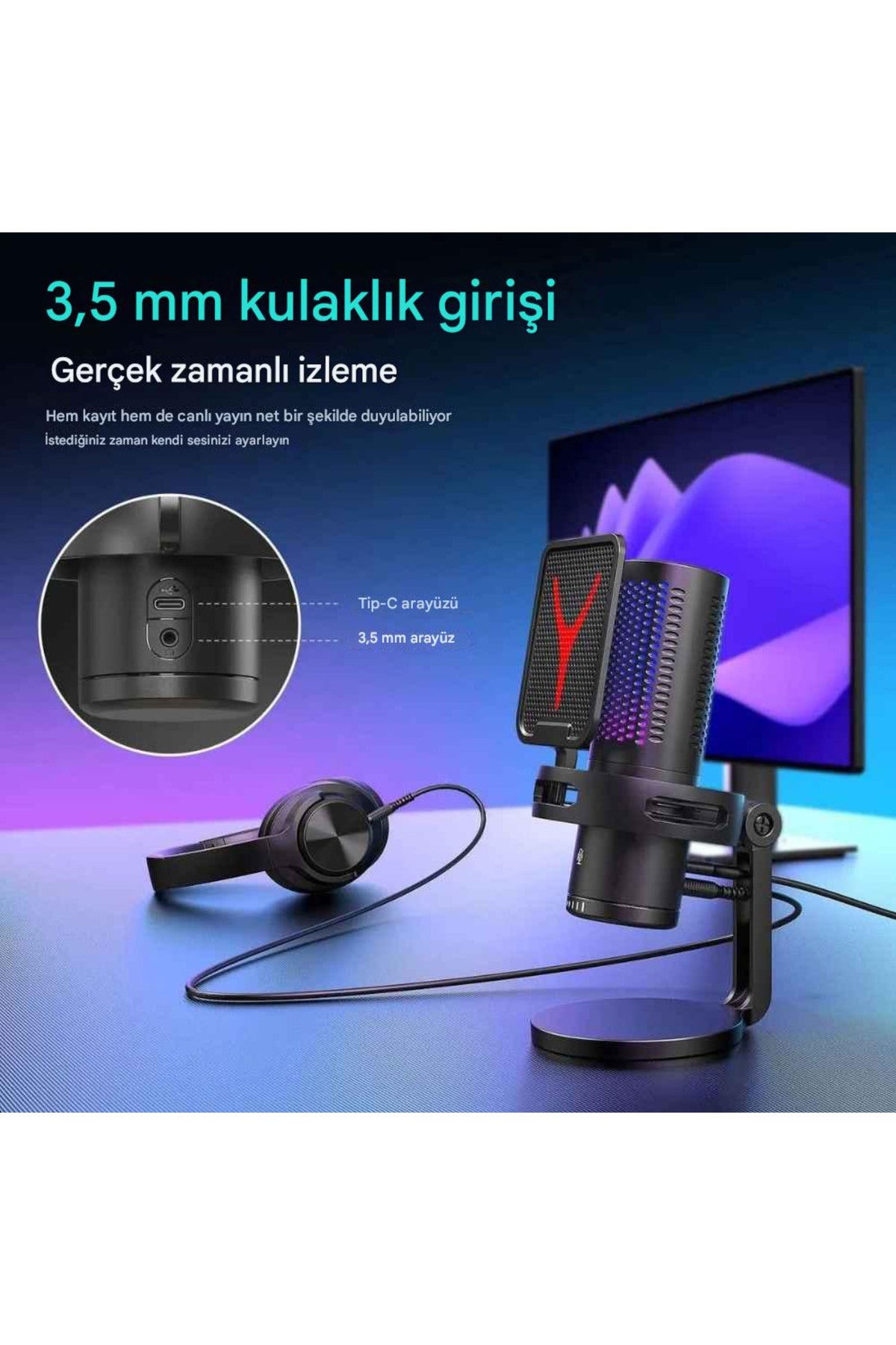 Gm7 Profesyonel Rgb Semi Pro Tak Çalıştır Usb Kablolu Vlog Canlı Yayın Stüdyo Mikrofon Siyah
