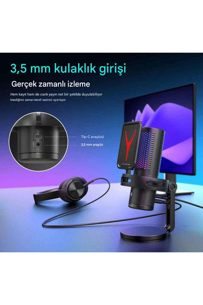 Gm7 Profesyonel Rgb Semi Pro Tak Çalıştır Usb Kablolu Vlog Canlı Yayın Stüdyo Mikrofon Siyah