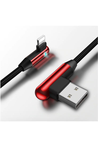 Apple Uyumlu iPhone Lightning 90 Derece Led Işık Gamer Şarj Ve Data Kablo