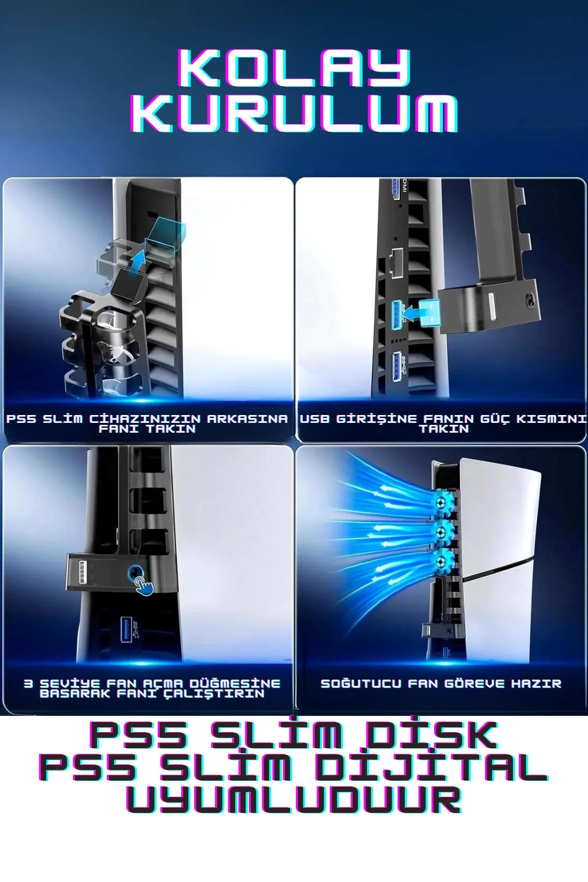 PG-P5S005 PS5 Slim Disk-PS5 Slim Dijital Uyumlu 3 Kademeli LED Işıklı Arka Soğutucu Fan