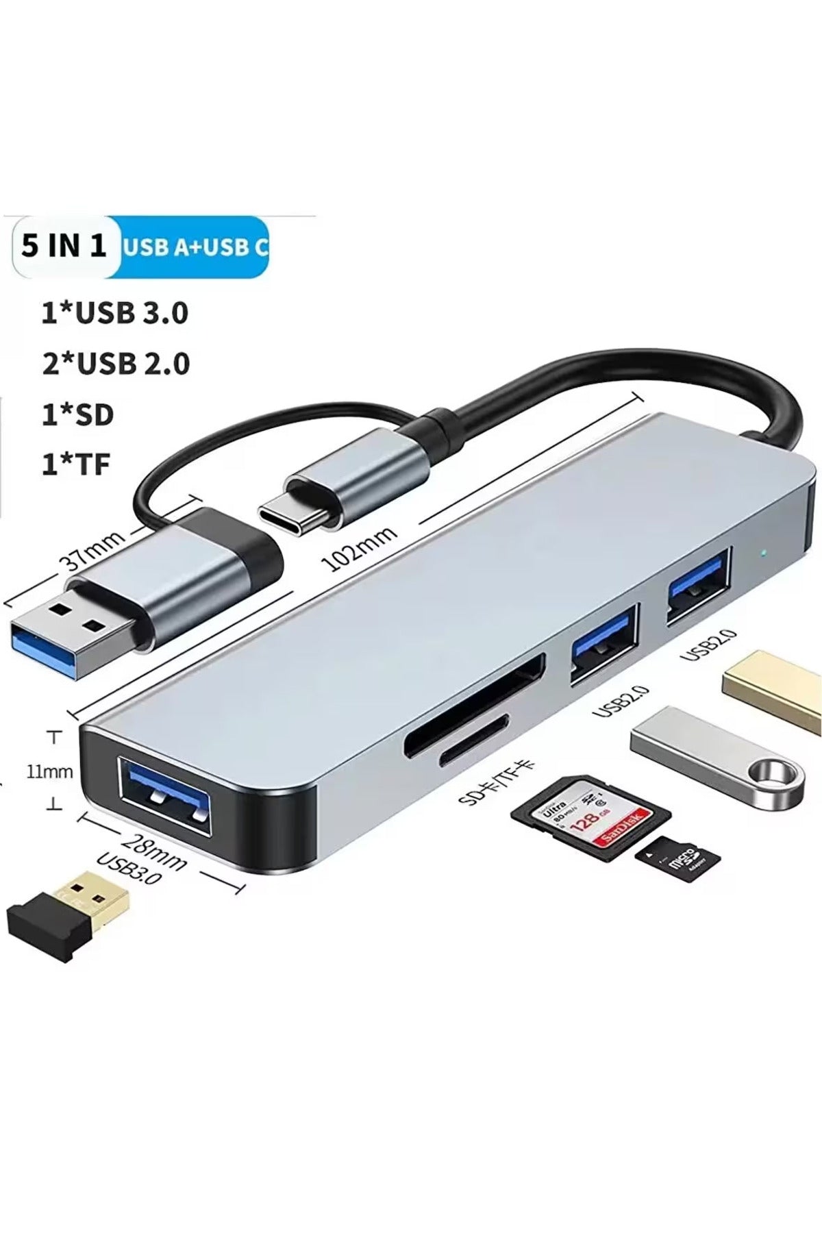 USB C Hub 5 in 1 Alüminyum Type-C Hub Multiport Adaptör SD TF Kart Okuyucu 5 Port Type C Dönüştürücü