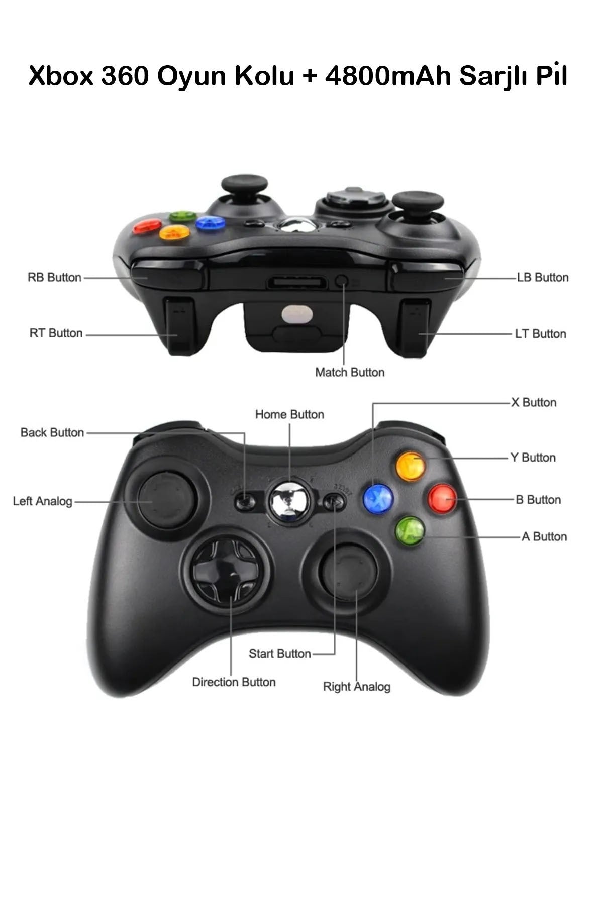 Xbox 360 Pc Uyumlu Kablosuz Analog Oyun Kolu Ve 4800mah Batarya Seti Siyah