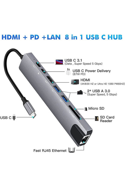 8in1 Usb Type-c Hub Port Adaptör Hdmı Usb Ethernet Pd Girişli
