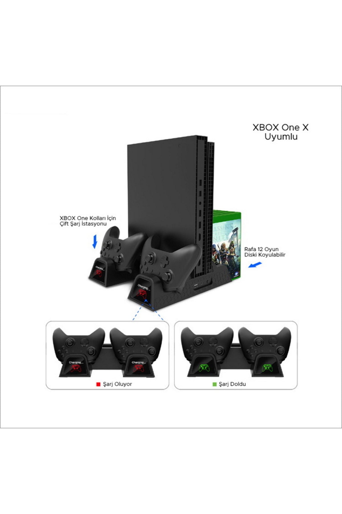 Dobe Oyun Hazneli Pilli Xbox One-X-S Göstergeli Şarj Stand Fan