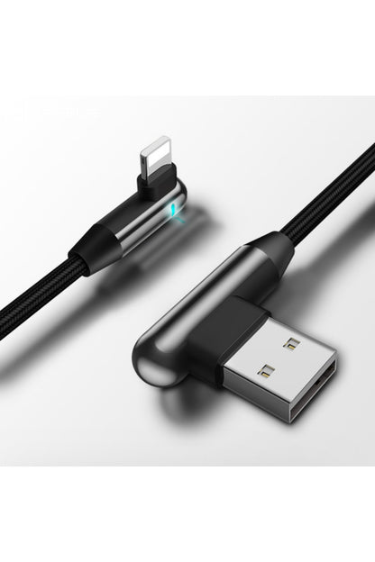 Apple Uyumlu iPhone Lightning 90 Derece Led Işık Gamer Şarj Ve Data Kablo
