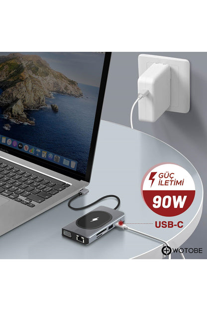 9 Portlu Kablosuz Şarjlı Usb-c Hdtv Hdmı Pd Sd Tf Rj45 Vga Dönüştürücü Adaptör HDMI