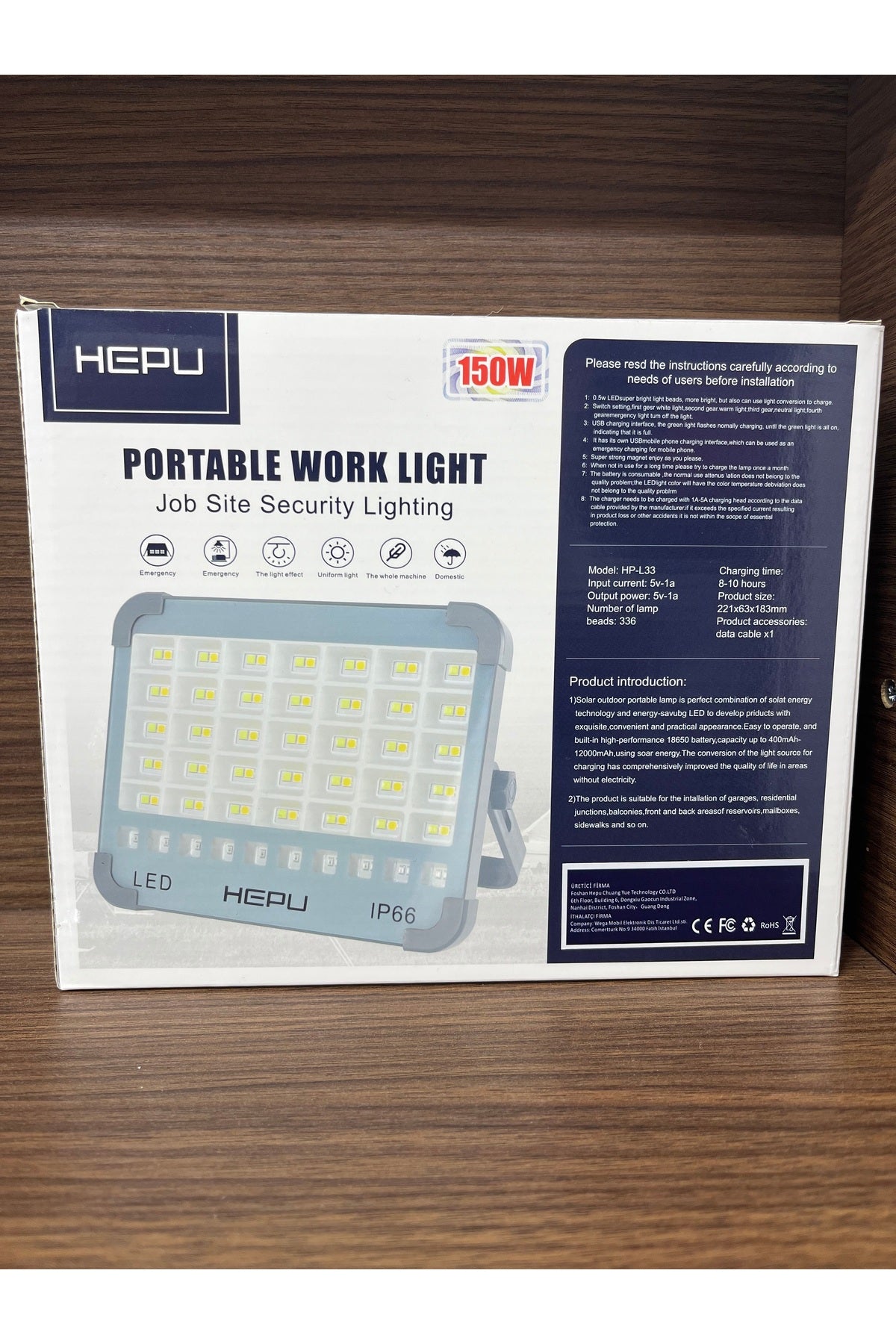 HP-L33 150W Solar Şarjlı Taşınabilir LED | IP66 Su Geçirmez | USB Şarj Girişli Manyetik