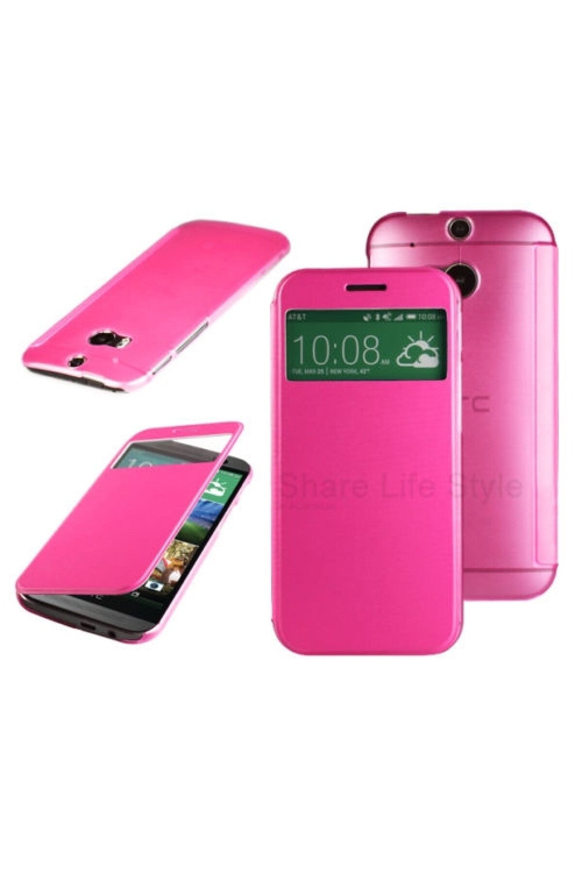 Htc One M8 Pencereli Ve Uyku Modlu Flip Cover - Pembe