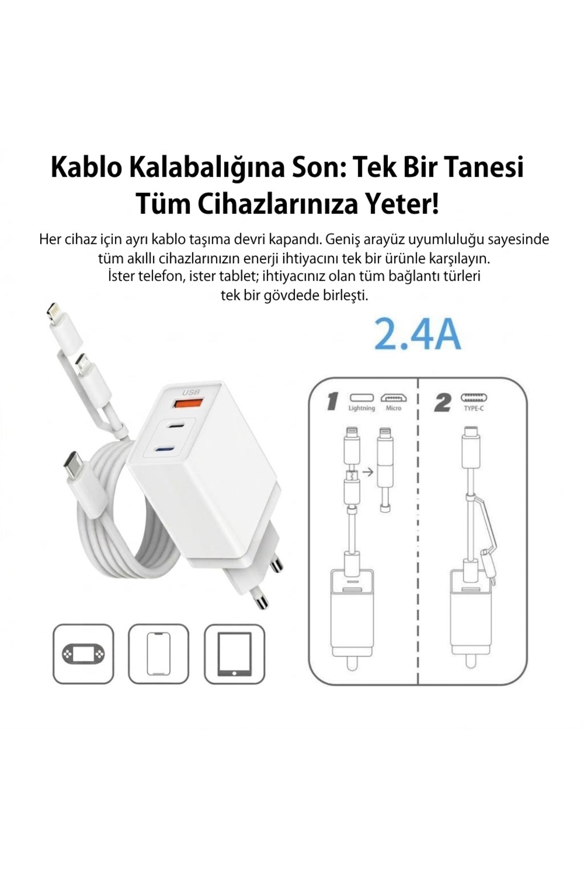 20W Micro-USB/Lightning/Type-C 3in1 Hızlı Şarj Aleti - AG47