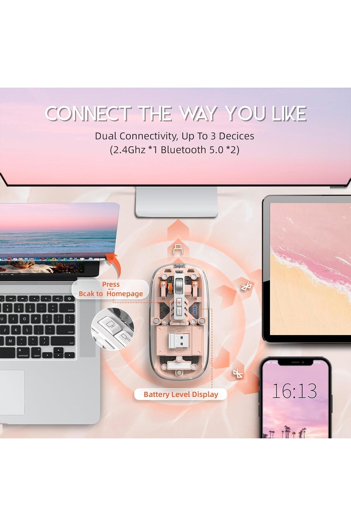 M133 Şeffaf Kablosuz Bluetooth Mouse Üç Modlu Sessiz Şarj Edilebilir