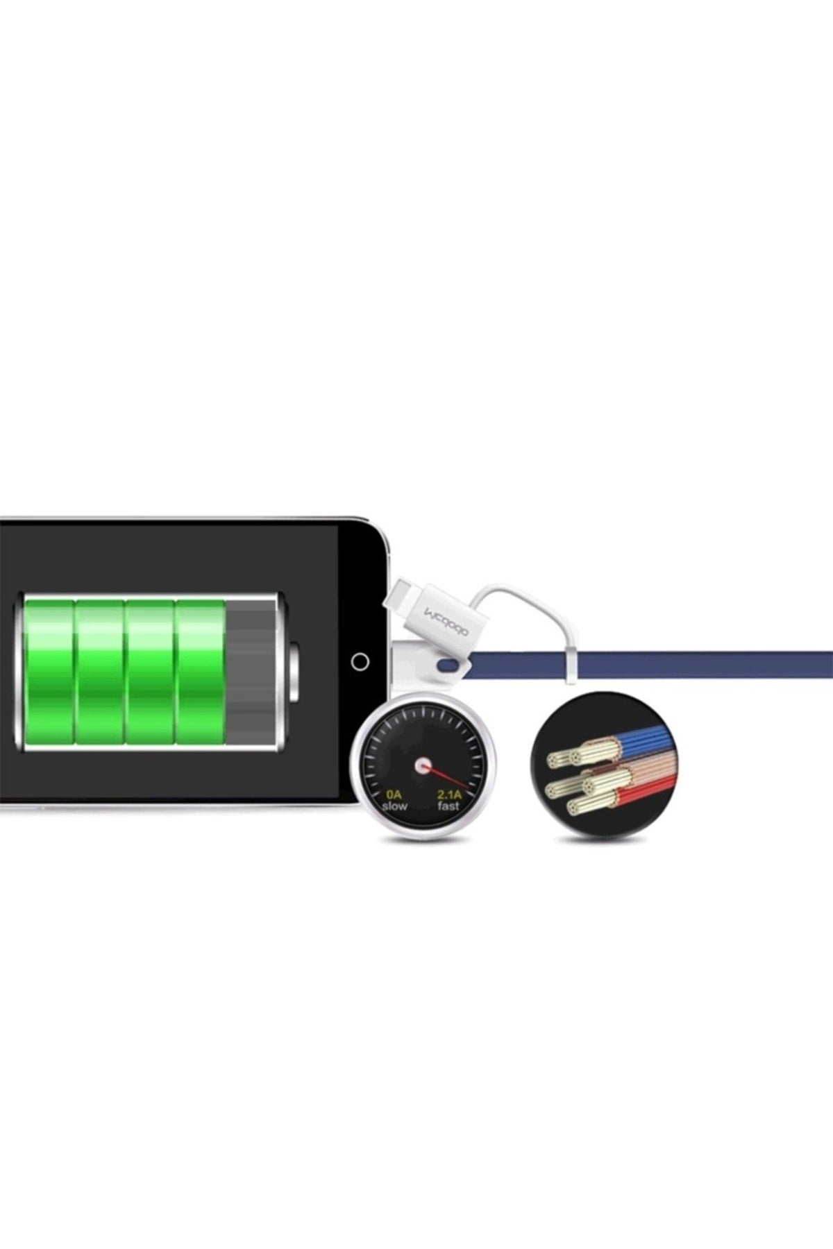 Apple Uyumlu iPhone Lightning Micro Usb Akıllı Şarj Data Kablosu Mavi