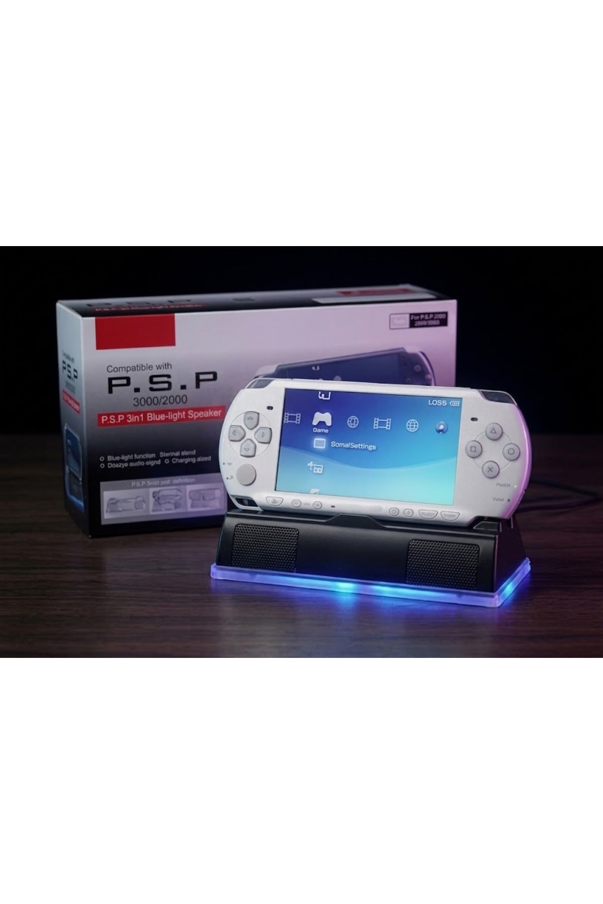 PSP 3000/2000 Uyumlu 3in1 Mavi Led Işık Hoparlörlü Şarj Standı - WT-P32