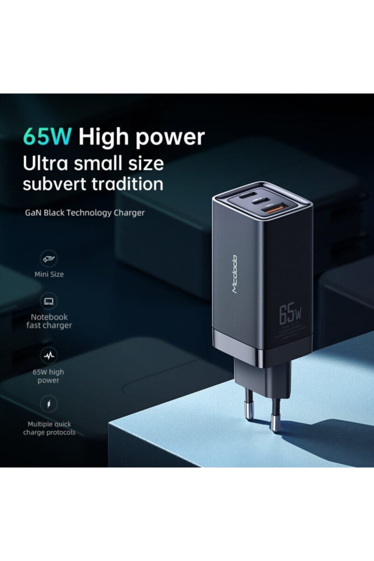 Ch-7921 Gan 65w Yüksek Hızlı 2typec 1usb Giriş Şarj Adaptörü-siyah
