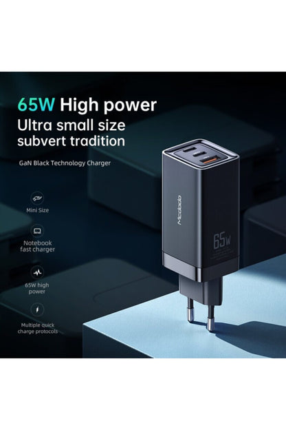 Ch-7921 Gan 65w Yüksek Hızlı 2typec 1usb Giriş Şarj Adaptörü-siyah
