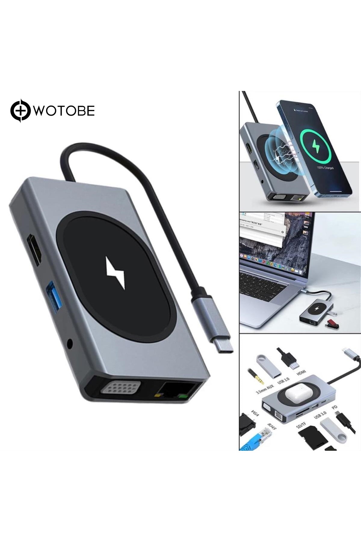 9 Portlu Kablosuz Şarjlı Usb-c Hdtv Hdmı Pd Sd Tf Rj45 Vga Dönüştürücü Adaptör HDMI