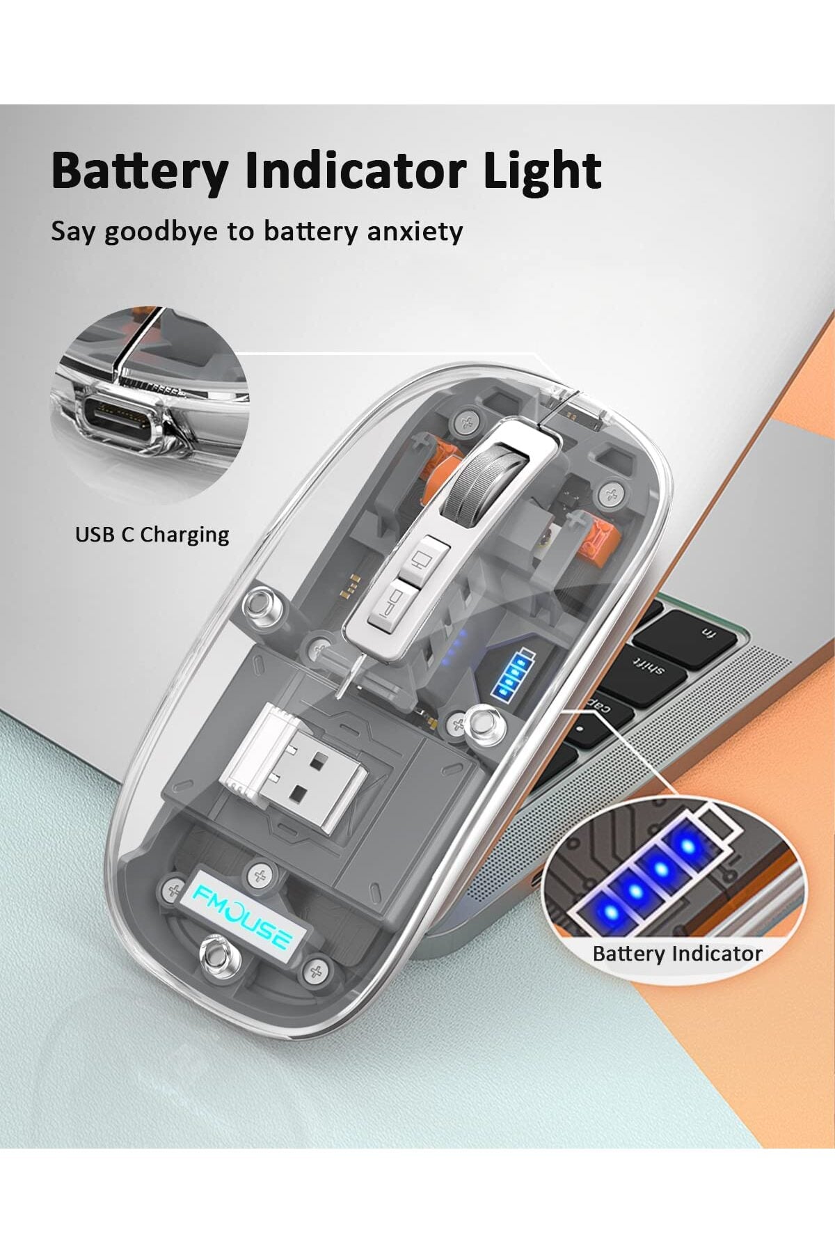 FMOUSE M133 Şeffaf Kablosuz Bluetooth Mouse Üç Modlu Sessiz Şarj Edilebilir