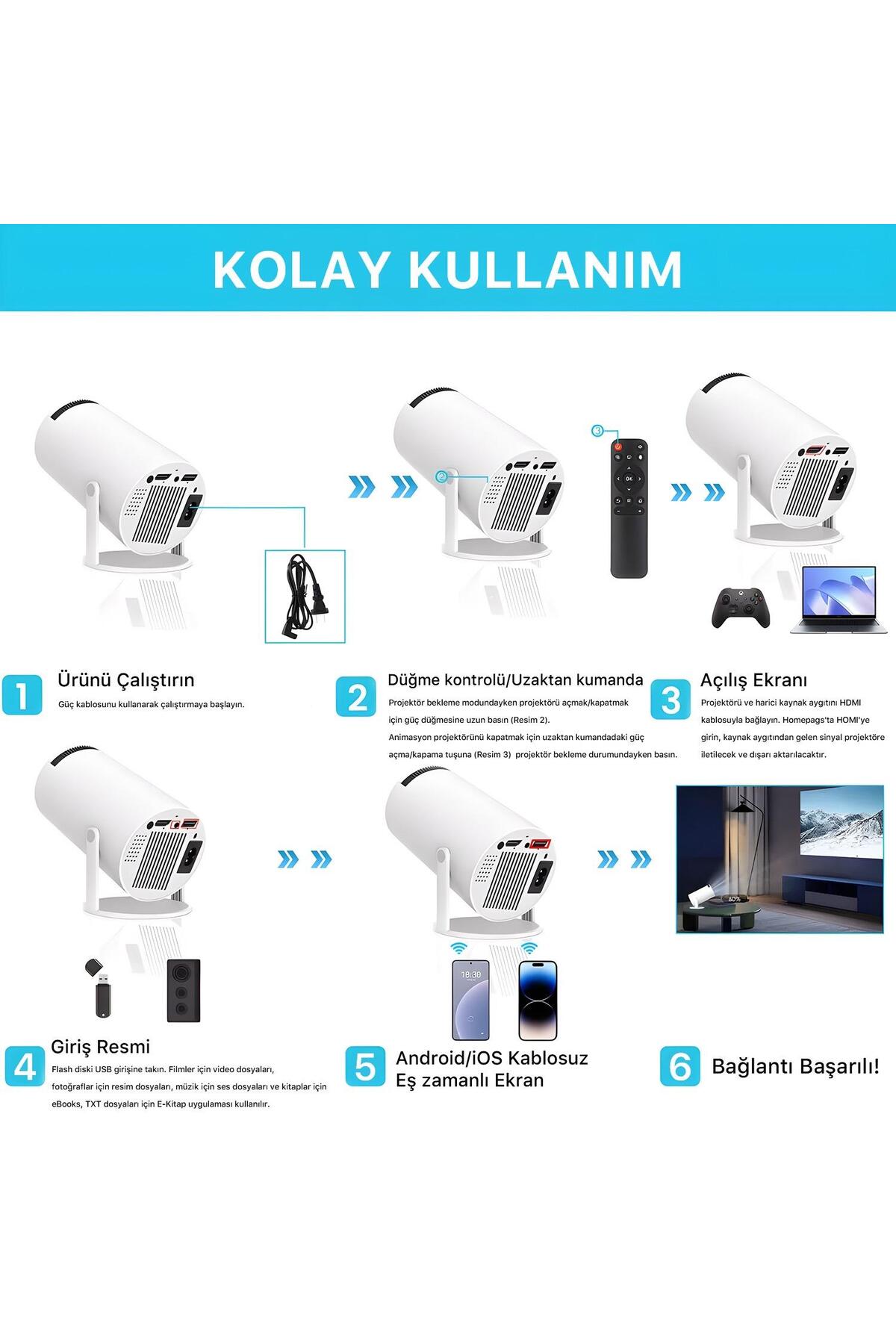 İbix Vega Android Projeksiyon Cihazı Hd 1280×720 4k Desteği 170 Ansı Lümen Wifi Bluetooth Uyumlu