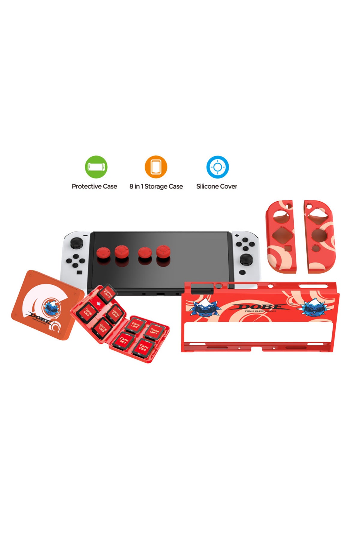 Switch Oled 3in1 Standlı Rnkli Kılıf Analog Yükseltici Ve Koruyucu Kart Kutusu Kırmızı