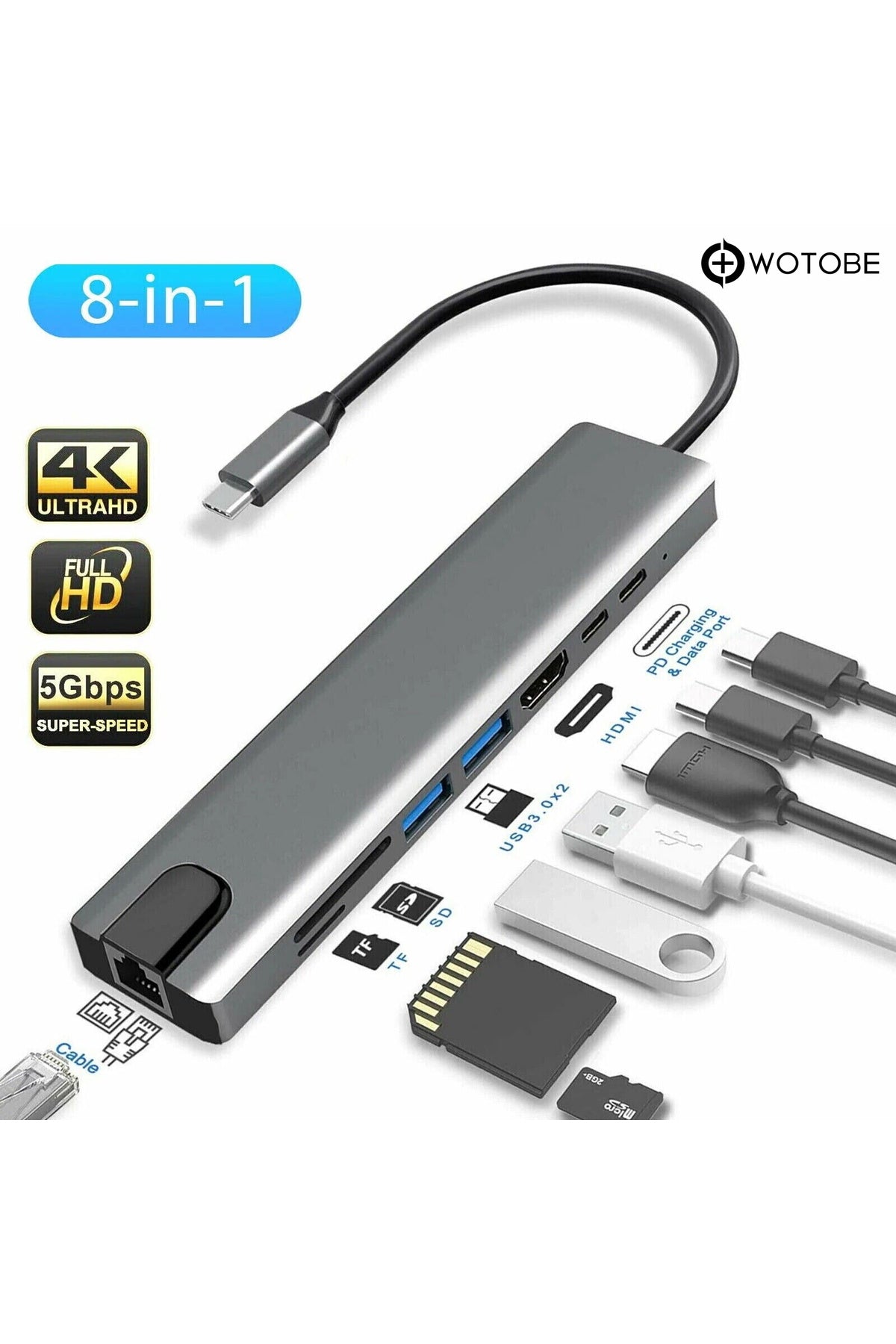 8'i 1 Arada 4k 60hz Usb Type C Sd Tf Hdtv Rj45 Dönüştürücü Hub HDMI