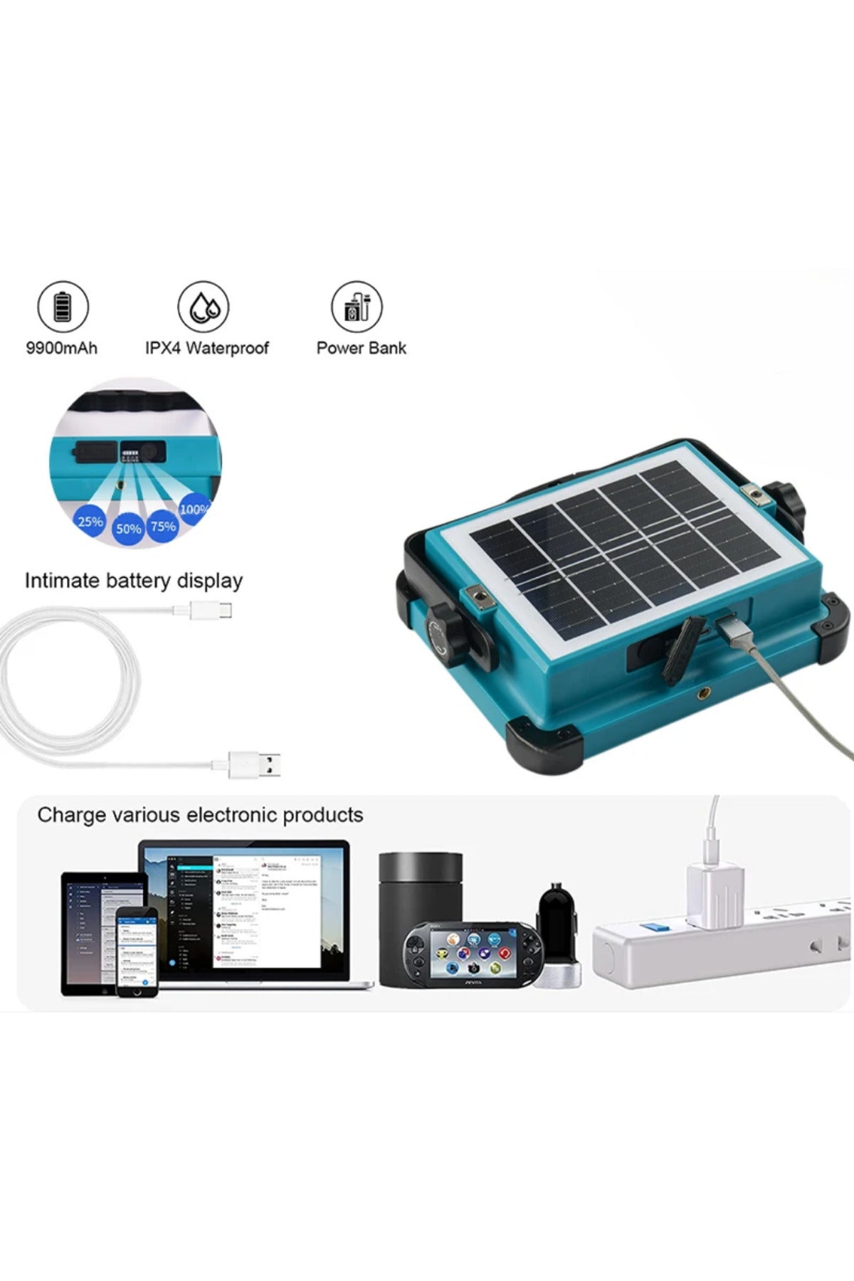 HP-L03 150W Solar Şarjlı LED Çalışma Işığı | IP66 | USB Çıkışlı | Taşınabilir Projektör